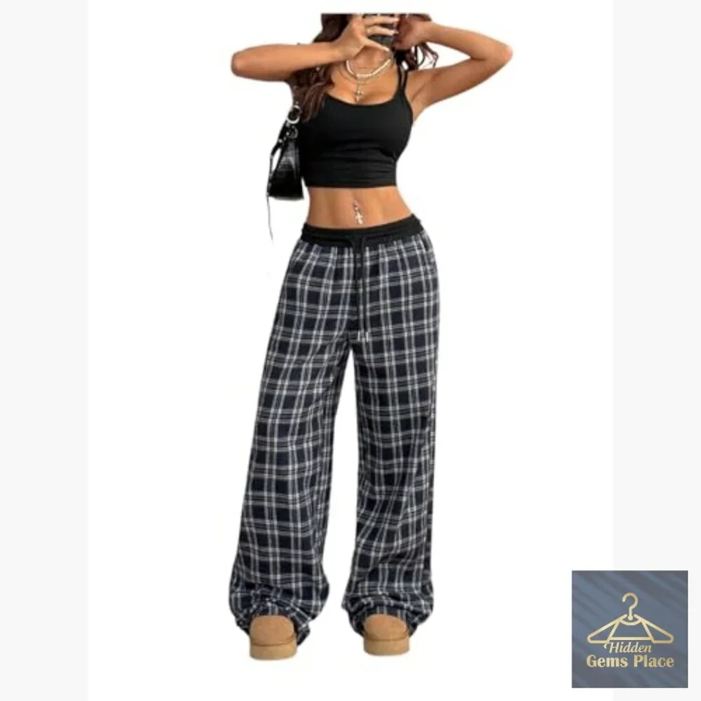Wide Leg Flannel Pajama Pants with Pockets, Lounge Sweatpants